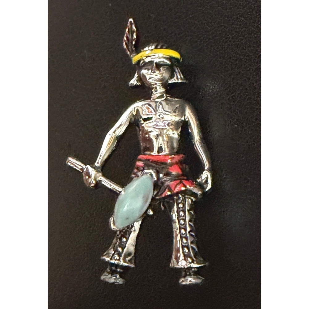 Vintage Native American Warrior Brooch Figural Silver Tone Enamel